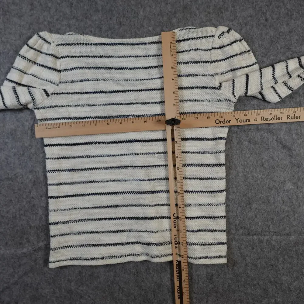 Madewell Top Womens Extra Small Puff Sleeve V-Neck Striped Knit White Blue‎